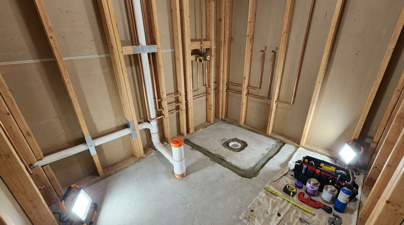 Bathroom rough-in plumbing during remodel by Johns Plumbing LLC in Burns Flat