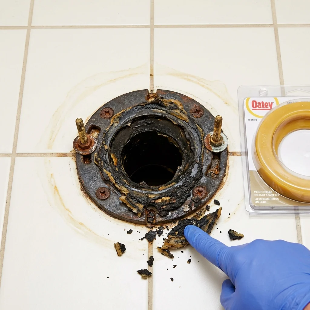 Failed wax ring showing water seepage at the base of a toilet in a Burns Flat, OK home